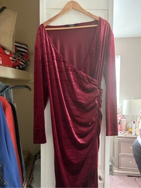 Women’s Velvet Wrap Midi Dress in Deep Red